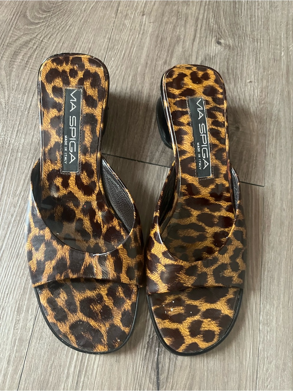 Via Spiga Leopard Print Slide Sandals - Black & Brown - Picture 1 of 3